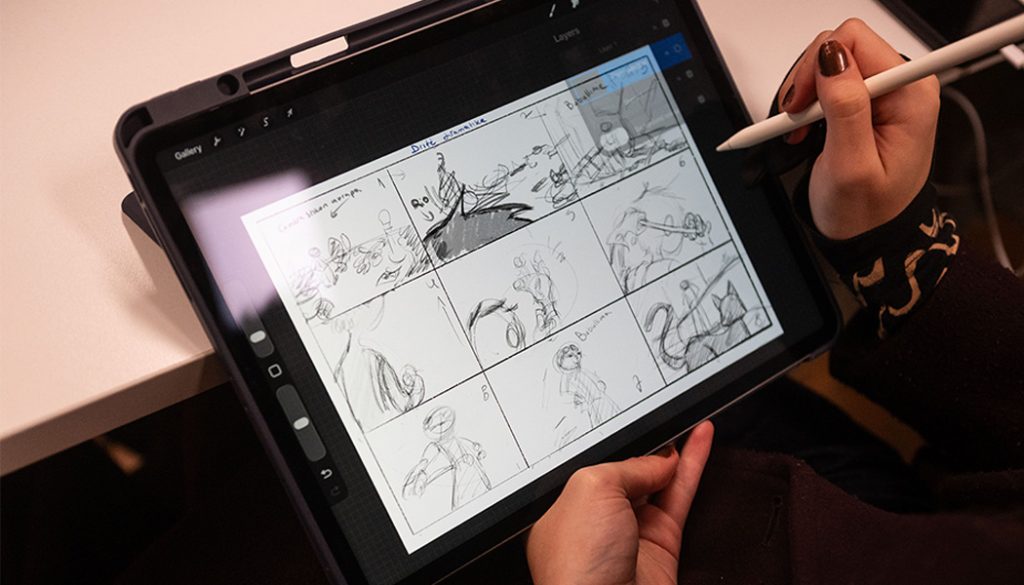 Banner della masterclass di Marco Zanoni con il dettaglio di uno storyboard.