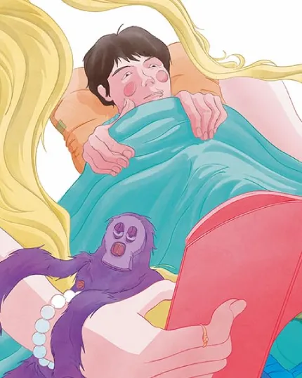 Illustrazione in stile fumetto colorato che mostra un personaggio a letto sotto le coperte e una mano in primo piano che tiene un libro aperto e un pupazzo viola.
