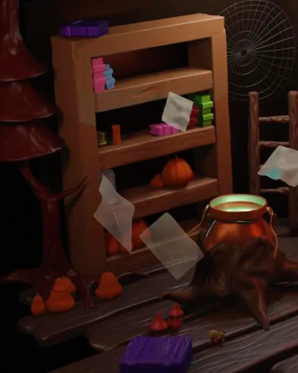 Scena digitale in 3D che mostra un laboratorio fantasy o d'alchimia con mensole in legno, ampolle, elementi colorati e un calderone dorato.
