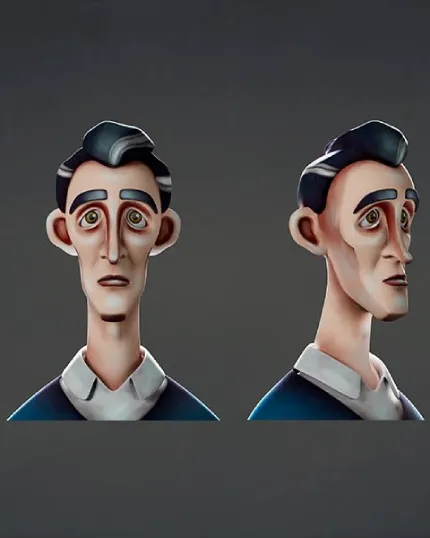 Modello 3D digitale di un volto maschile stilizzato visto di fronte e di profilo su sfondo grigio - Corso di Computer Animation e Visual Effects.