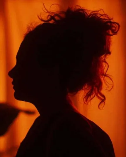 Profilo in silhouette di una persona con capelli ricci raccolti illuminata da una calda luce arancione - Corso di Cinema e Film Arts.