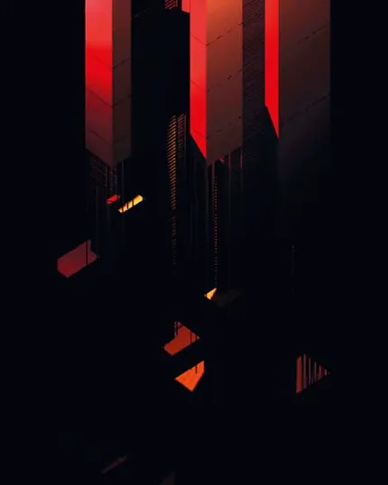 Illustrazione digitale geometrica tridimensionale con blocchi verticali neri e sfumature rosso neon - Corso di Multimedia Arts and Design.