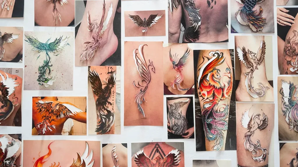 Una parete coperta da decine di fotografie e schizzi di tatuaggi, raffiguranti prevalentemente fenici e ali in vari stili e colori, su diverse parti del corpo.