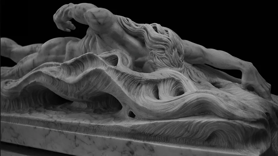 Opera scultorea di Fulvio Merolli che rappresenta un nuotatore visione frontale.